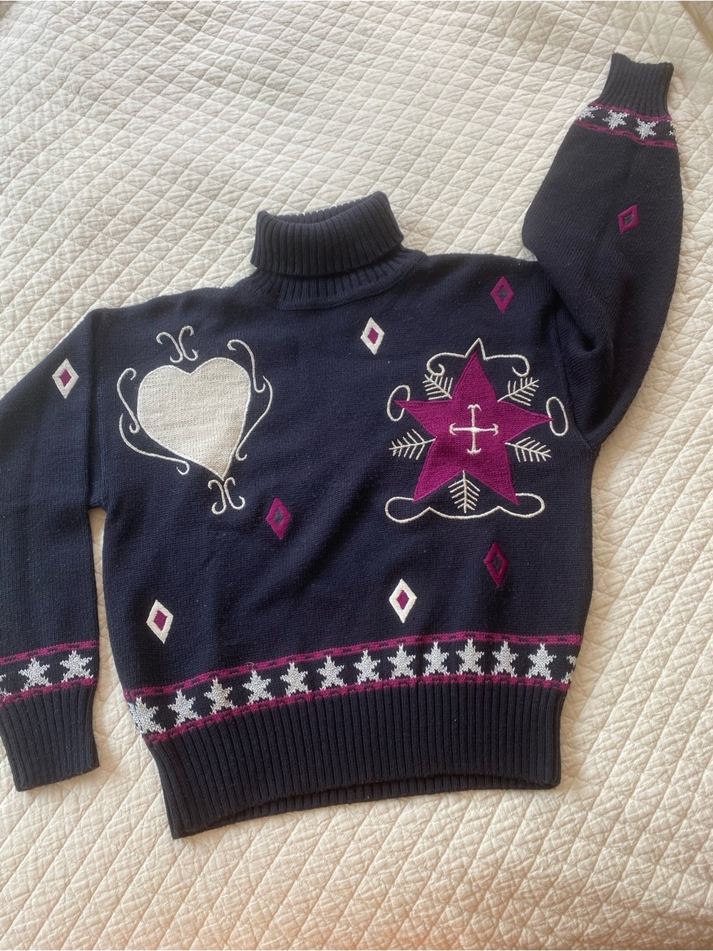 Vintage NILS Wool Blend Navy Turtleneck Ski Sweater Embroidered Heart Snowflake